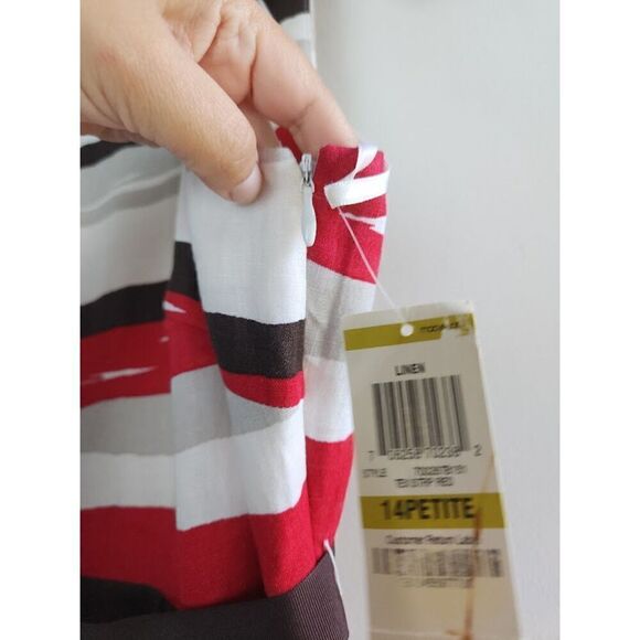 NWT Style & Co. A-Line Tie Waist Brown, White, Red, 100% Linen Midi Dress sz 14P - Picture 9 of 10